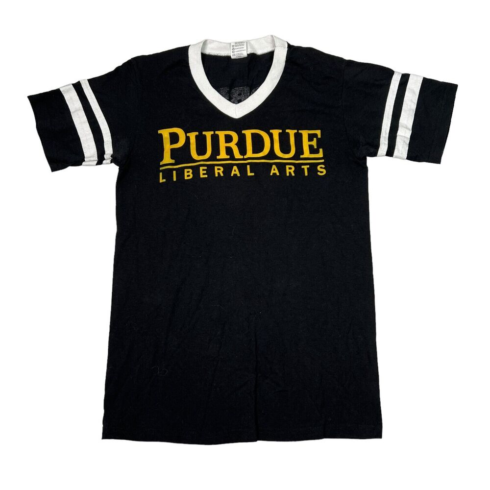 Vintage 90s Purdue Liberal Arts College V-Neck Tee T-Shirt Black Adult Small